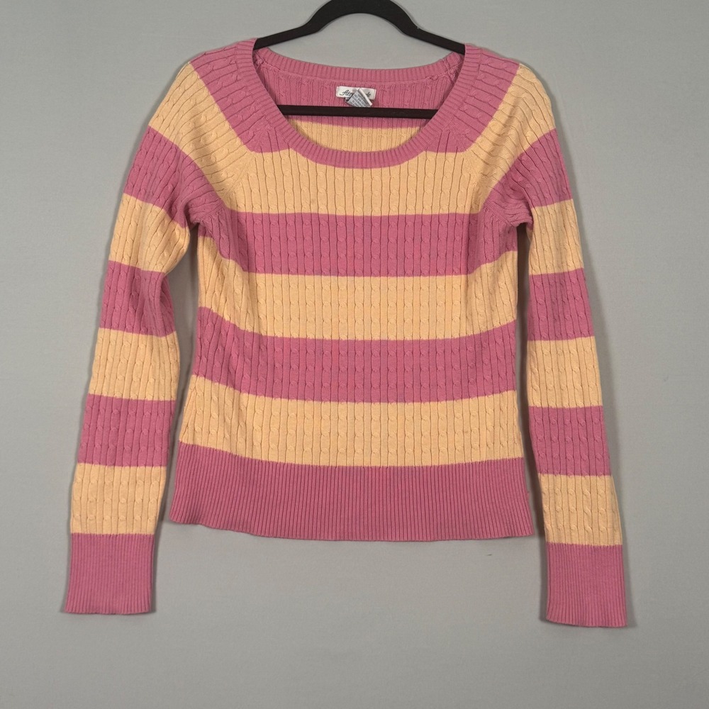 Aeropostale Striped Cable Knit Sweater Womens XL Pink Yellow Excellent Y2K